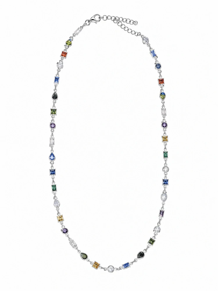 Šperky Nina – Strieborný náhrdelník Duhová geometrie s farebnými zirkónmi (41 – 45 cm) 925/1000 - nahr 530