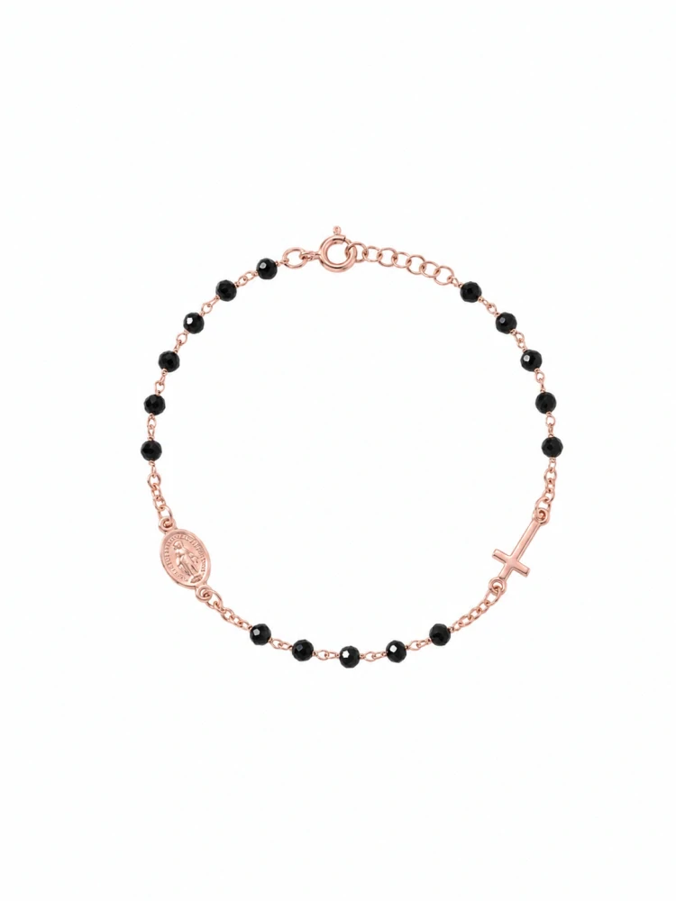 Šperky Nina – Ružovo pozlátený strieborný náramok ruženec Černá elegance s medailónikom a krížikom (18,5 – 20 cm) 925/1000 - nar zlac 34