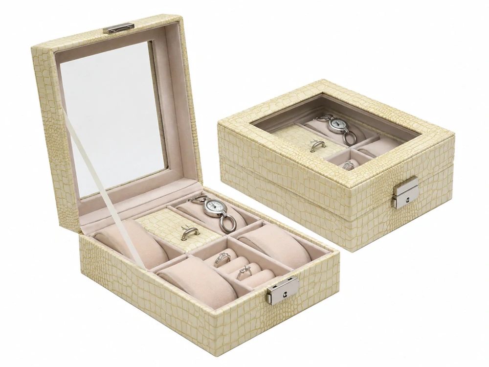 Šperky Nina – Luxusná uzamykateľná presklená šperkovnica a box na hodinky (krémová kroko, 20 × 16 × 8 cm) - sperk13
