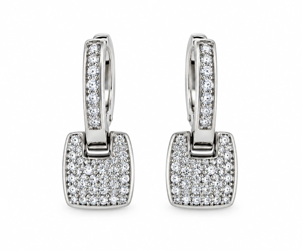 Šperky Nina – Strieborné visiace náušnice s geometrickým príveskom a zirkónmi (2,4 cm) - ns kam 504