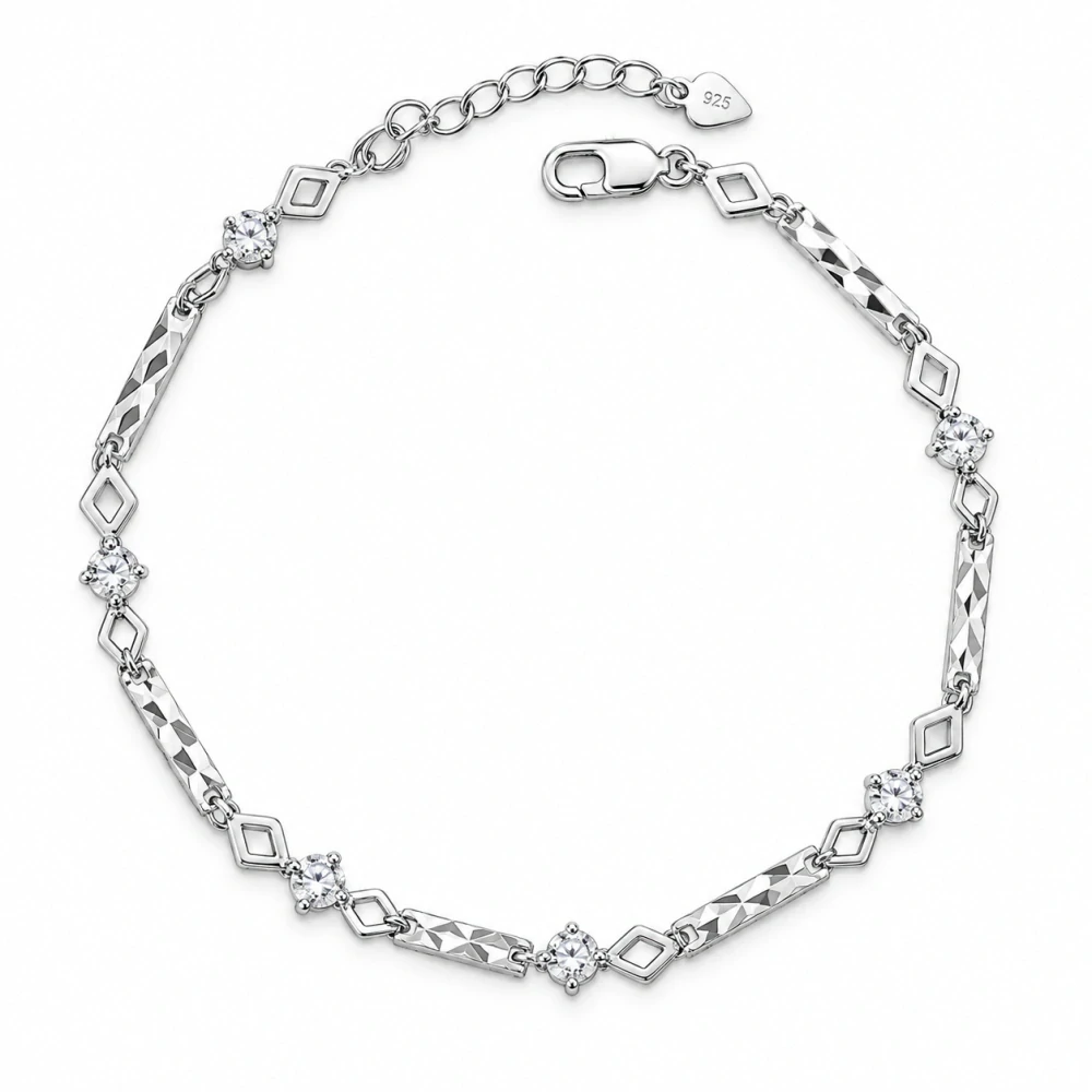 Šperky Nina – Článkový strieborný náramok s brúsenými tyčinkami a zirkónmi (18–19,5 cm) - nar 554