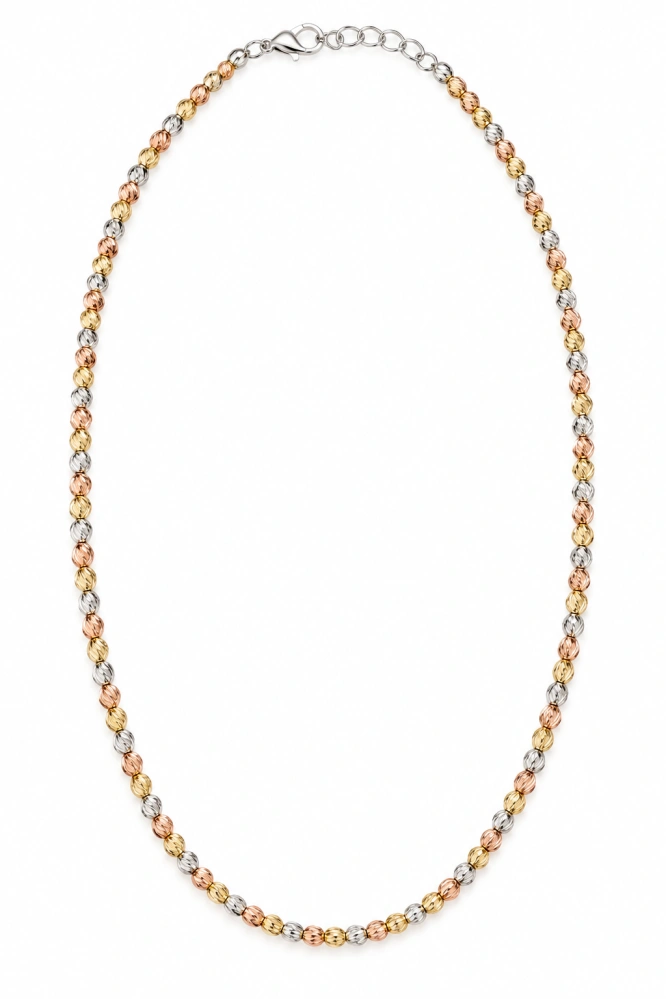 Šperky Nina – Trojfarebný strieborný guličkový náhrdelník Tricolor s diamantovým brusom (40–45 cm) - ret zlac 50