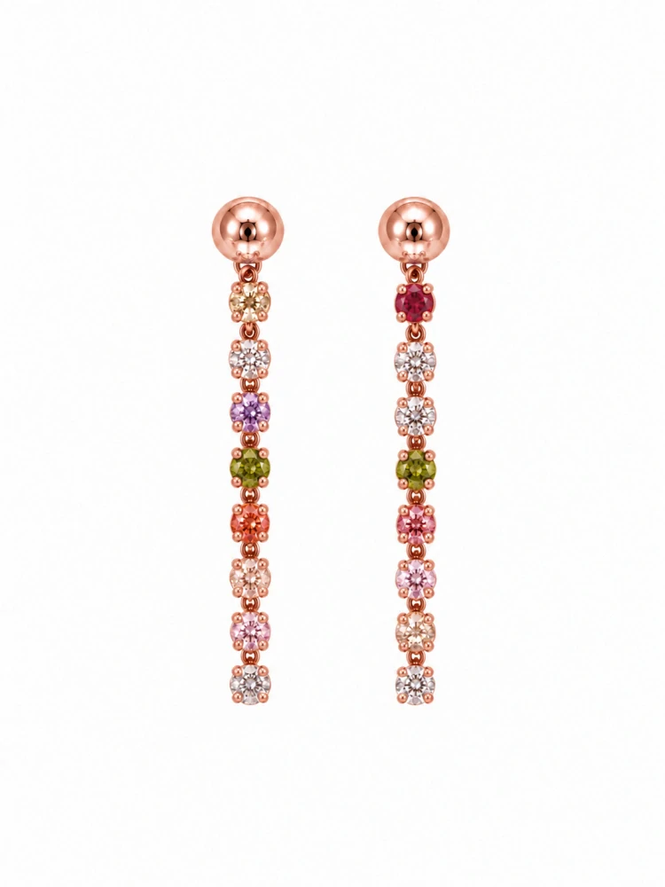 Šperky Nina – Strieborné náušnice pozlátené ružovým zlatom s líniou farebných zirkónov (22 mm) - ns zlac 007