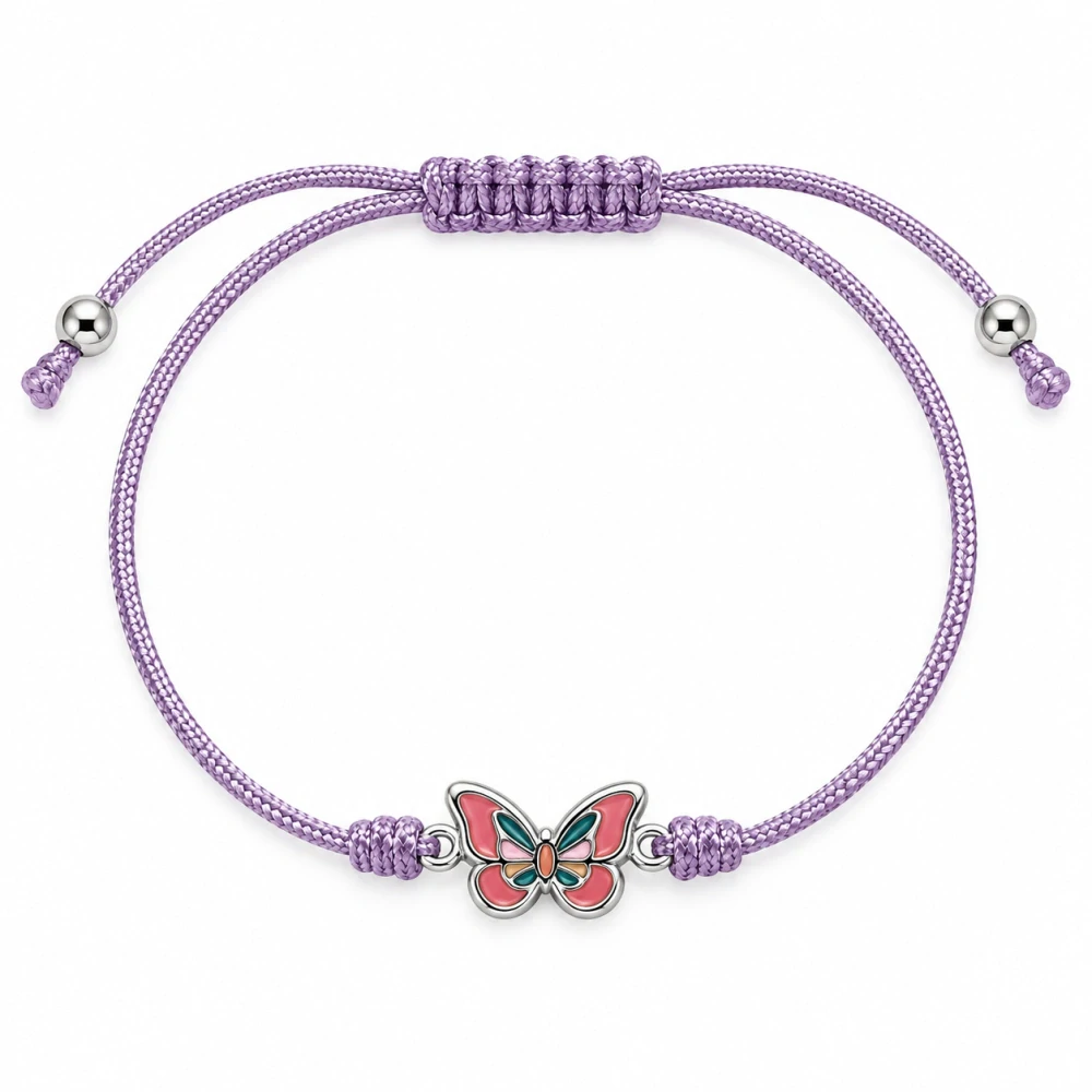 Šperky Nina – Detský nastaviteľný šnúrkový strieborný náramok Motýlik (12–24 cm) - det 46