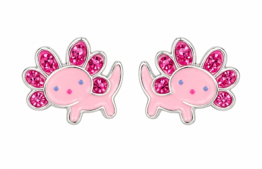 Šperky Nina – Detské strieborné náušnice Ružový axolotl s kryštálmi (9 mm) - det 60