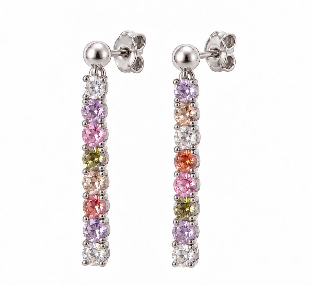 Šperky Nina – Visiace strieborné náušnice Dúhová línia s farebnými zirkónmi (2 cm, 1,3 g) 925/1000 - ns kam 512