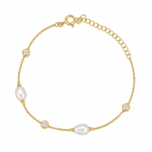 Šperky Nina – Pozlátený strieborný náramok s perličkami a zirkónmi (16,5 – 20,5 cm) 925/1000 - nar zlac 026