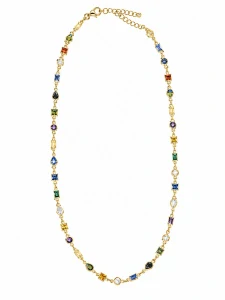 Šperky Nina – Pozlátený strieborný náhrdelník Zlatá duhová geometrie s farebnými zirkónmi (42 – 47 cm) 925/1000 - ret zlac 034