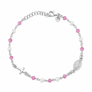 Šperky Nina – Strieborný náramok Růžová ochrana s perličkami, ružovými korálikmi a medailónikom (18,5 – 21,5 cm) 925/1000 - nar 536