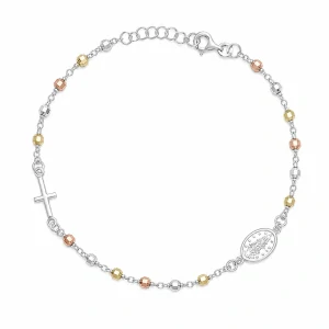 Šperky Nina – Strieborný náramok ruženec Tříbarevná elegance s medailónikom a krížikom (19 – 21 cm) 925/1000 - nar 544