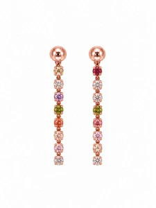 Šperky Nina – Strieborné náušnice pozlátené ružovým zlatom s líniou farebných zirkónov (22 mm) - ns zlac 007