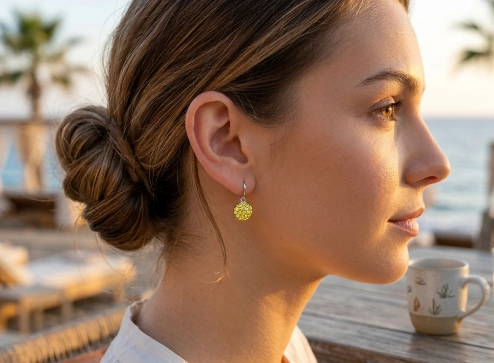 Šperky Nina - Strieborné visiace náušnice so žltými ligotavými guľami 12 mm 925/1000 – ns ag kam H 158