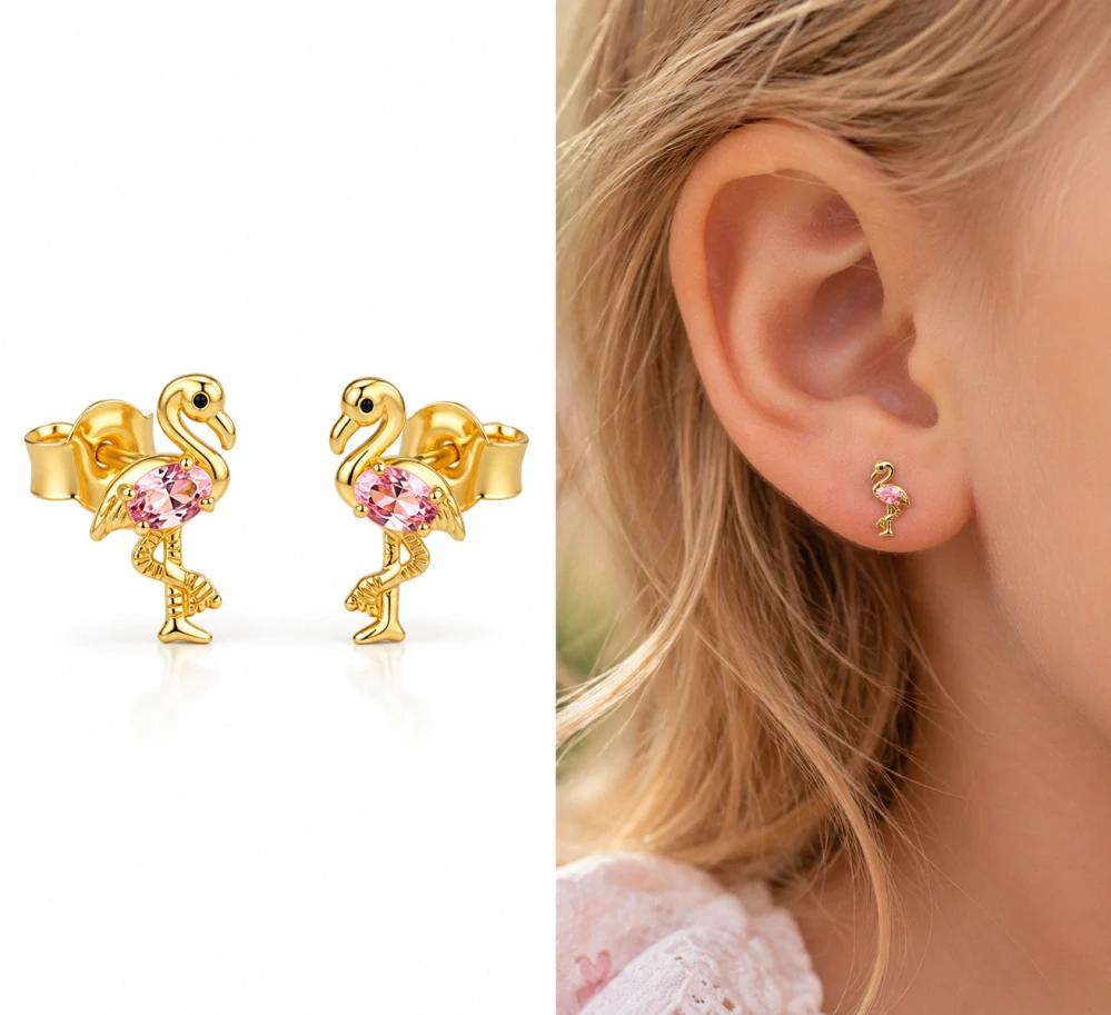 Šperky Nina – Detské pozlátené strieborné náušnice Ružové plameniaky (8 mm) - det 45