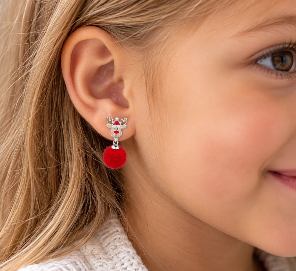 Šperky Nina – Detské strieborné visiace náušnice Vianočný sobík s brmbolcom (20 mm) - det 51