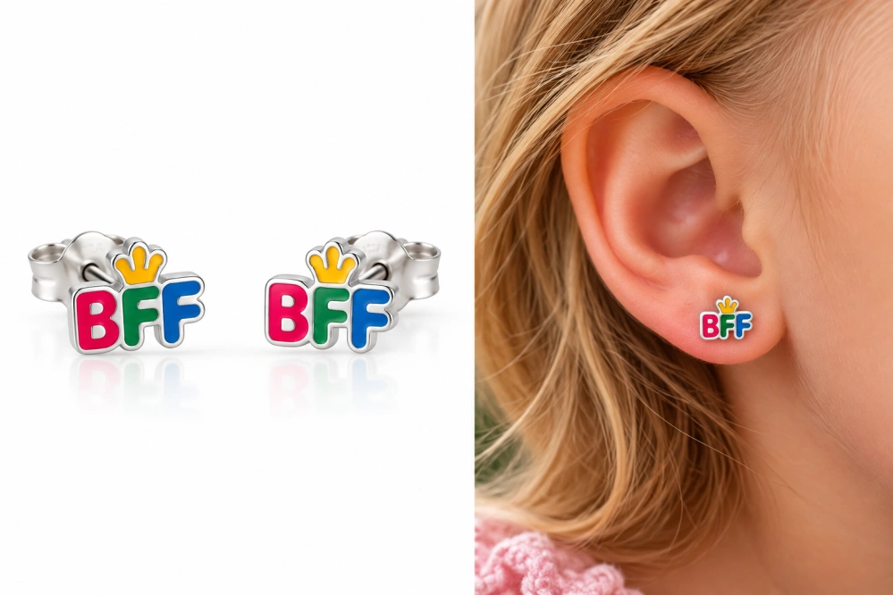 Šperky Nina – Detské strieborné náušnice BFF s korunkou (9 mm) - det 58