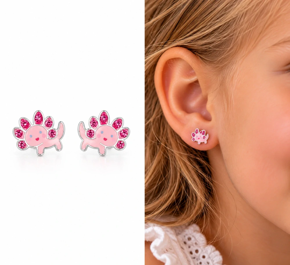 Šperky Nina – Detské strieborné náušnice Ružový axolotl s kryštálmi (9 mm) - det 60