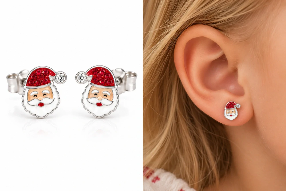 Šperky Nina – Detské strieborné náušnice Vianočný Santa s kryštálmi (10 mm) - det 61