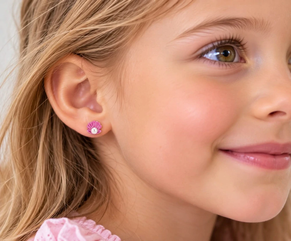 Šperky Nina – Detské strieborné náušnice Ružová mušľa s perličkou (8 mm) - det 62