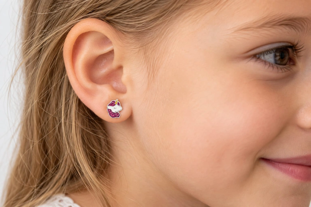 Šperky Nina – Detské strieborné náušnice Spiaci jednorožec s kryštálmi (10 mm) - det 65